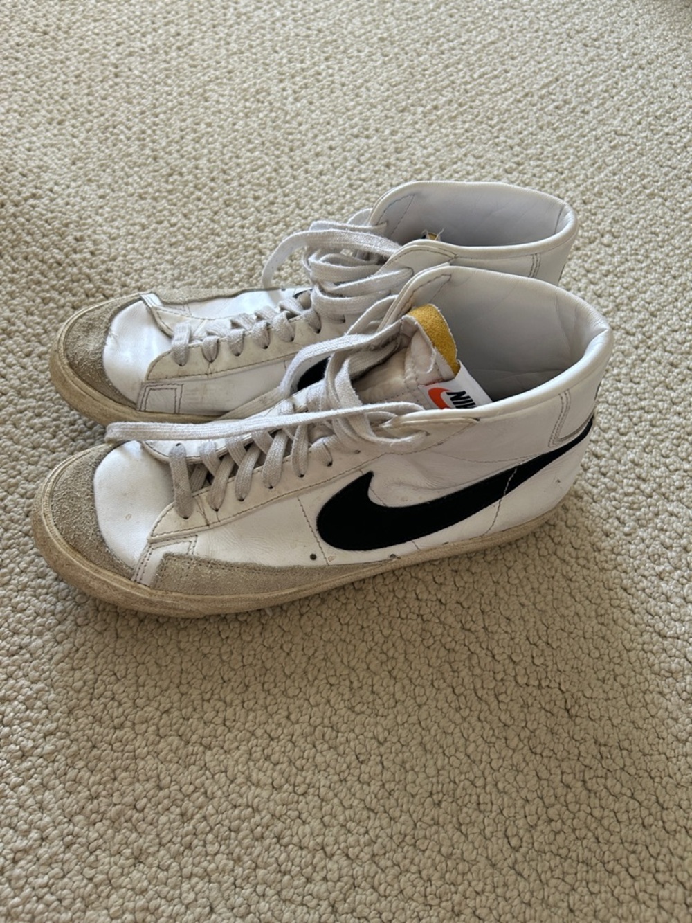 Nike White High-Top Blazers with Black Swoosh and Yellow Tongue Tab